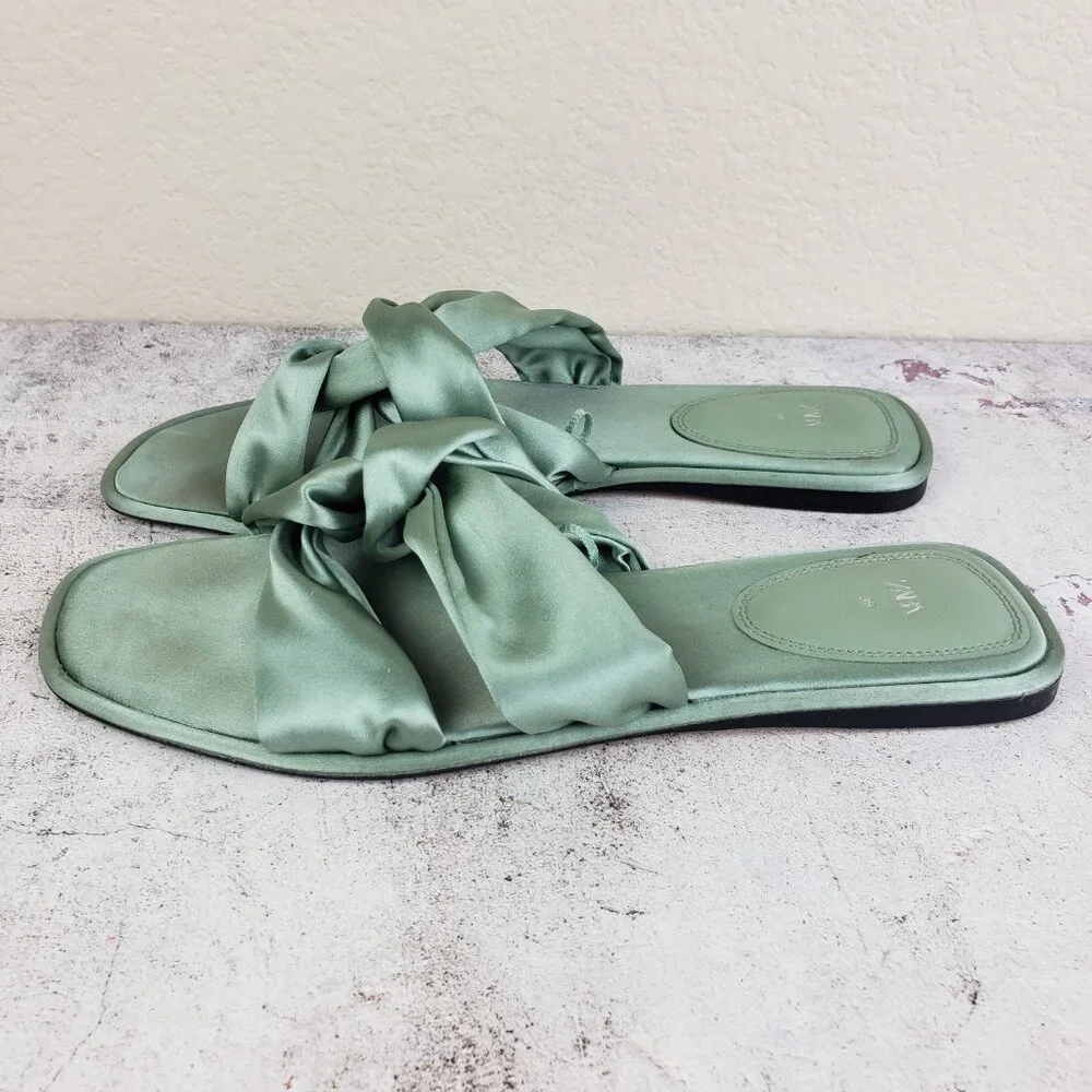 ZARA Knotted Flat Sandals Satin Flip Flops Green Bow Slippers size 39 US 8.5 - Picture 3 of 12